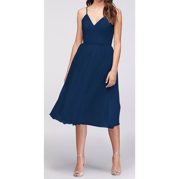 Davids Bridal Short Chantilly Lace Tulle Dress Marine Blue Size 8 Bridesmaid - Picture 1 of 16